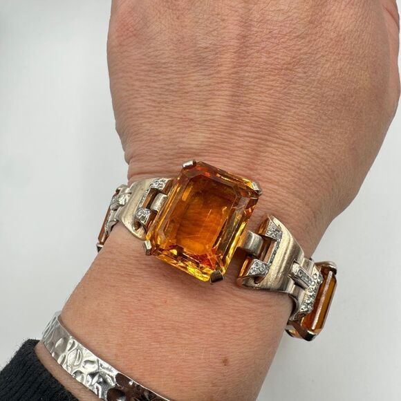RARE Crown Trifari Sterling Bracelet, A. Philippe "Tank" Faux Citrine Bracelet! - Picture 8 of 16